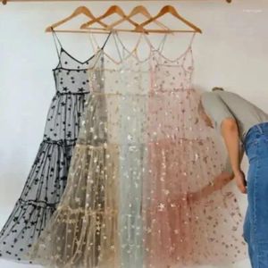 Womens Lace Mesh Spaghetti Straps See Through Cover Sexy Baggy Ladies Stars Beach Bling Long Dress