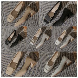 2024 new Designer High square toe off white women fashionable comfortable middle soft soles thick heels and single shoes