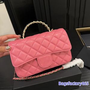 Womens Pearls Top Handle Totes Classic Mini Flap Square Quilted Bags Rhinestone Turn Lock Diamond Lattice GHW Crossbody Shoulder Lambskin Handbag Makeup Purse 20CM