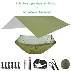 Hammocks Portable Parachute Outdoor Camping Hammock with Mosquito Net and 118x118in Rain Fly Tarp10-ring Tree Strap Hammocks Swing