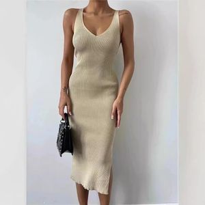 Ärmlös stickad mitten av längden Tät klänning Summer V Neck Split Elegant för kvinnor 159
