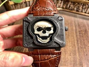 Верхний BR01 Square Mens Watch Swiss Quartz Movement Skull Carving Dial Luxury Watch Sapphire Crystal Super Waterproste Mens vistwat2394553