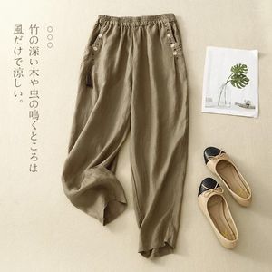 Kadın pantolonları 2024 Geliş Yaz Kadınlar Sanat Tarzı Pamuk Ayak Bileği Uzunluğu Gevşek Gevşek Elastik Bel Çiçek Nakış Harem S132