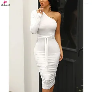 Sukienki swobodne vollo elegancka moda seksowna biała impreza koktajlowa szczupła dopasowanie jedno ramię w pasie Ruched Design Bodycon midi sukienka