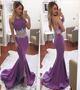 Sexig grimma Tvåbita balklänningar Lång 2020 Hög slits Purple Blue Stain Applique Backless Mermaid Prom Dress Robe de Bal Longue6002211