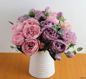 Bouquet de 30 cm de seda rosa rosa de seda rosa Buquê 5 Big Head e 4 bud