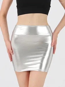 Gonne in argento corto shiny in pelle lucida matita mini sexy nightclub Lady Office Skinny High High Bodycon Clubwear Streetwear