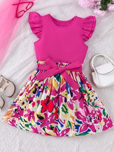 Girls Summer Fashion Dress Set Rose Red Double Layered Small Flying Sleeves Topcolorful Halbrock zweiteiliger Set 240426