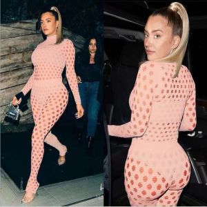 Fashionable European and American women's clothing, sexy perspective, close fitting sports high collar, perforated knitted mesh, street breathable set size S-5X