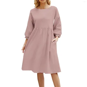 Vestidos casuais mulheres cor sólida cor lisa simples manga lanterna fêmea longa o pescoço de joelho solto vestido ropa de mujer