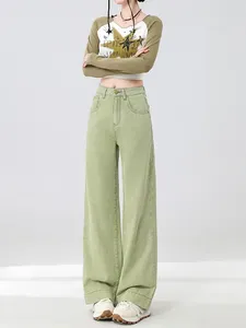 Kvinnors jeans solid gröna breda ben kvinnor vintage hög midja rak denim byxor streetwear vår sommaren 2024