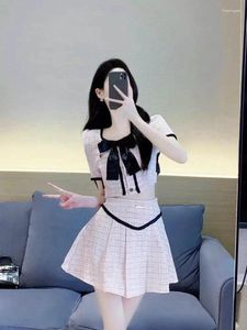 Work Dresses Small Fragrant Square Neck Bow Short Sleeve Top High Rise Skirt Sweet Two-piece Set Summer Plus