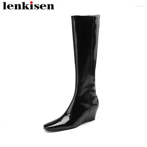 Boots Lenkisen Plus Size Cow Leather Round Toe Winter Warm Riding Wedges High Heels Luxury Office Lady Brand Zipper Knee