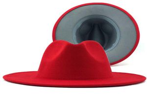 Szerokie brzegowe czapki czerwone z 60 -cm szarym dna Patchwork Panama Wool Feel Jazz Fedora Women Men Party Cowboy Trilby Hat7700131