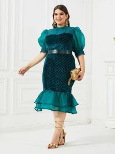 Festklänningar kvinna kläder mode hög midja halv ärm höft wrap klänning grön rosen mesh afrikansk montering elegant midi med bälte