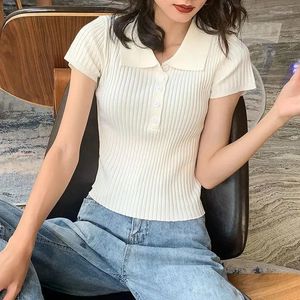 Женские футболки Polos White Button Plain Polo вязаная стройная тенденция одежды 2024 Основные женские продажи футболки Корейский высококачественный молодежный стиль