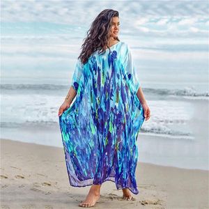 V-neck Printing Bikini Cover Up Plus Size Chiffon Kaftan Tunics Women Sexy Boho Swimwear Maxi Dress For Beach