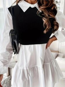 Vestidos casuais vestido de camisa para mulheres 2024 Primavera outono preto branco retalhos de retalhos