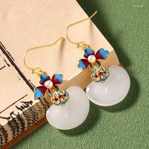 Dangle Earrings Ancient Gold Craft Inlaid Enamel Pearl Natural An Jade For Women Creative Design Eardrop Vintage Jewelry