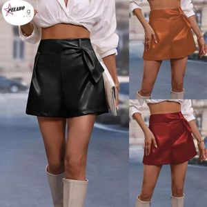 Women's Shorts PULABO PERITANG Vintage PU Leather High Waist Undefined Drapped Trousers Female Office Wear