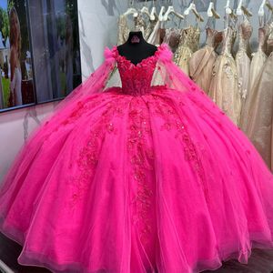 Rose Red Quinceanera Sukienka z okładami z aplikacji na ramię koronka Tull Ball Suknia Vestidos Para 15 vestido anos cekina