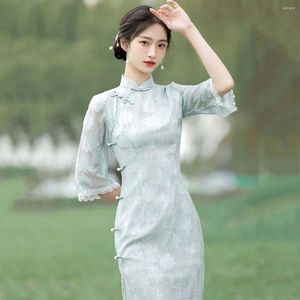 Ethnic Clothing Chinese Style Elegant Cheongsams Dress Summer Women Vintage Floral Green Pink Qipao Mini Lady Chic Slim Vestidos