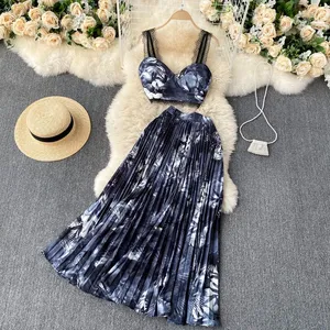 New Summer Beach Vacation Women Two Piece Dress Sets Sexy Strapless Fashion Dots Print Short Chiffon Shirt And High Waist Mermaid Long Skirt Set