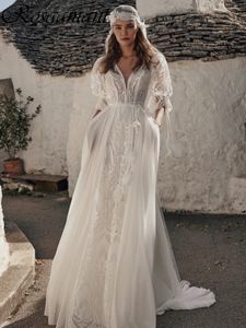 Bohemian Half Sleeve Open Back A-Line Wedding Dresses V-Neck Appliques Lace Bridal Gowns Robe De Mariee