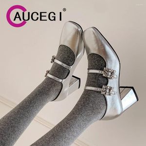 Scarpe vestiti aucegi donne mary janes pompe tallone grossolano in punta di piedi lady genuine leahter rhinestone fibbie festa ballo d'argento