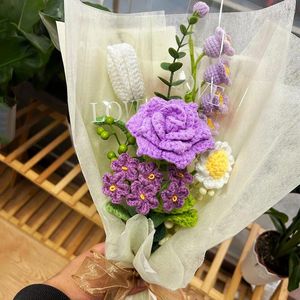 Flores decorativas 9pc de imitação acabada à mão Rose eterno e eterno buquê de malha roxa presente romântico presente