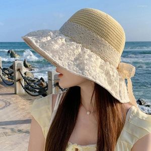 Basker kvinna virkning strandhatt breda brims hink vår solproof handvävning
