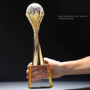 Metal Gold Silver Bronze Trophy Customized Volleyball Earth Football Tennis Basketball Golf Sports Competition Letter Crystal Trophy 240428