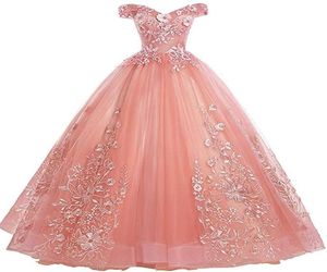 2020 Women039s розовый от плеча Quinceanera платья кружевные аппликации Prom Ball Hown Sweet 16 платьев с Pearl94752546409791