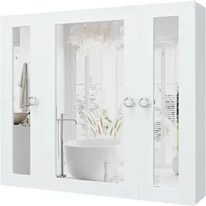Storage Boxes Bathroom Mirror Cabinet 3-Door Wall Mounted Organizer Waterproof PVC Multipurpose White Color Compact Design