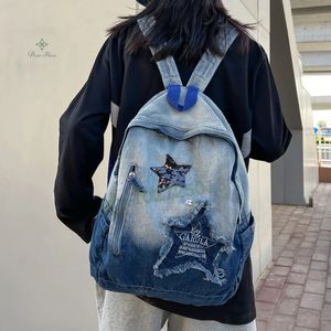 Y2K Korean Casual Denim Ryggsäck Fashion Star Mönster stor kapacitet Student School Bag Tonåringar Vintage Punk Travel Book Bag 240426