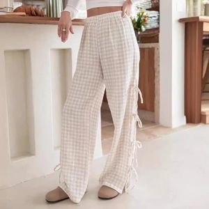 Frauenhose Fliege Krawatte Detail Plaid Weitbein-Druck mit weitem Bein Hosen mit Seitenschlitzbowknot Schnürung für Frauenarbeit