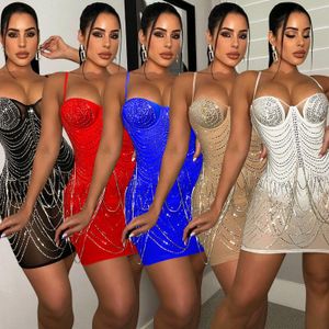 Moda Pintong Sexy Nightclub Rhinestone Perspective Strap Dress Clothing