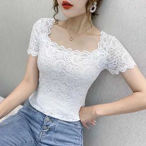 Women's Blouses Shirts Womens lace top womens short sleeved square neckline sexy cut shirt Blusas Rope De MujerL2405