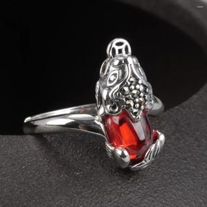 Ringos de cluster Pure S925 Sterling Silver Ring Lucky Garnet Coin Pixiu Band Ajustável