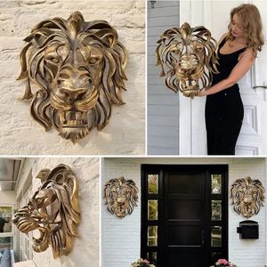 Sällsynta fynd-stora lejonhuvudväggmonterad konstskulptur Guldharts Lion Head Art Wall Luxury Decor Art Lion Head Wall Hanging 240429