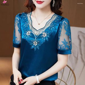 Women's Blouses VOLALO Lace Flower Embroidery Elegant Woman Satin 2024 Fashion Short Sleeve Shirts Youth Top Summer V Neck Silk Blusas