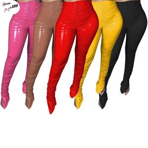 Calça feminina Pulabo Frossas de lã quente Pu couro plissado roço empilhado flare split club de calça de legging festas y2k