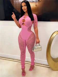 Club Outfits Streetwear Jumpsuits for Women Short Sleeve BodyCon Rompers Jumpsuit Skinny Pink Mesh See Även om ett stycke overaller 240424