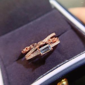 クラスターリングチェーンデザイン925女の子用シルバーリング3mm 5mm 0.3ct天然アクアマリンと金メッキジュエリー