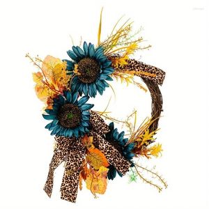 Decorative Flowers 652F Artificial Blue Wreath For Front Door Farmhouses Wedding Holiday Decorations Harvest With Bows