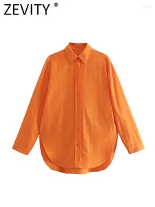 Women's Blouses Zevity Women Fashion Oversize Orange Linen Shirt Office Lady Long Sleeve Split Business Blouse Roupas Chic Blusas Tops LS980