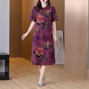 Party Dresses Women Red Floral Mulberry Silk Midi Dress Summer Elegant Loose Waist Plus Size Korean Vintage Casual