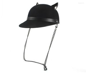 Ball Caps Wool Black Women Baseball Hat With Punk Chain Lady Devil Horns Cute Cat Ear Animal Bowler Visor Cap4723497