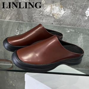 Slippers Summer Cow Leather Round Toe Ladies Mules Women Soft Thick Sole Half Outdoor Indoor Home Slides Designer Casual Shoes