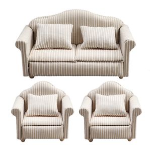 3 sztuki 1 12 Mini Sofa w paski z poduszkami Dekoracja salonu Dolowe Domowe Akcesoria 240424